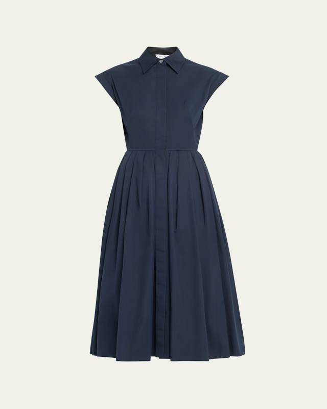 Cap-Sleeve Pleated Midi Shirtdress